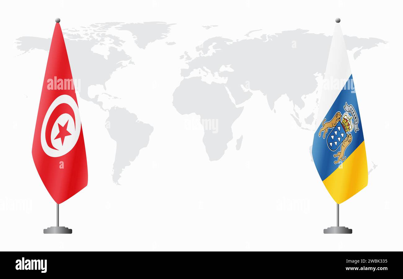 Tunisie et îles Canaries drapeaux pour réunion officielle sur fond de carte du monde. Illustration de Vecteur