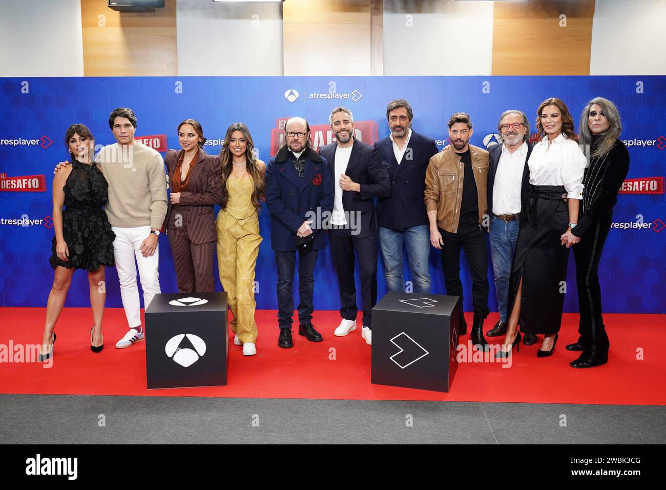 Madrid, Espagne. 11 janvier 2024. Monica Cruz, Pablo Castellanos, Chenoa, Marta Diaz, Adrian Lastra, Pepe Navarro.Mar Flores, Mario Vaquerizo à photocall pour l'émission El Desafio à Madrid le jeudi 11 janvier 2024. Crédit : CORDON PRESS/Alamy Live News Banque D'Images