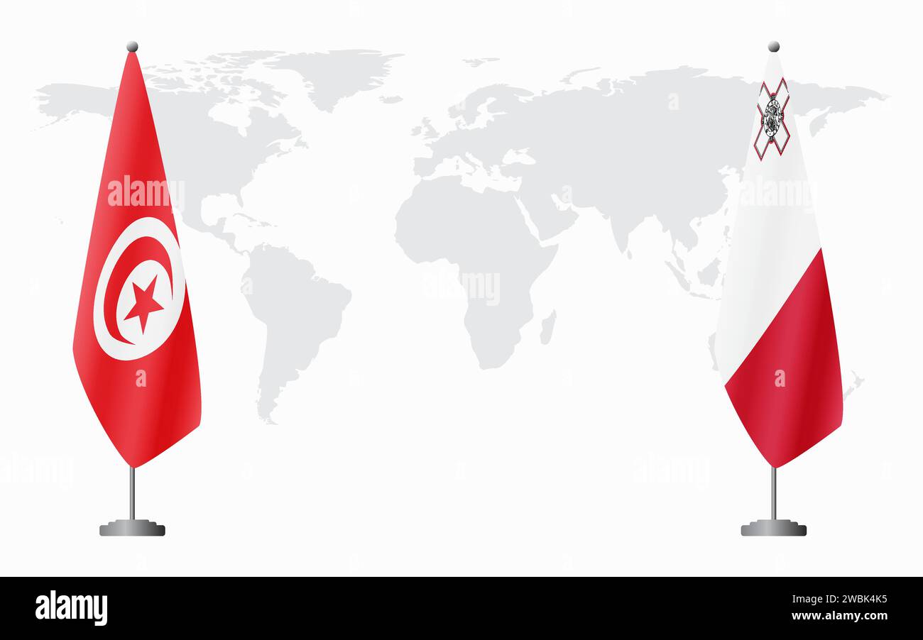 Tunisie et Malte drapeaux pour réunion officielle sur fond de carte du monde. Illustration de Vecteur