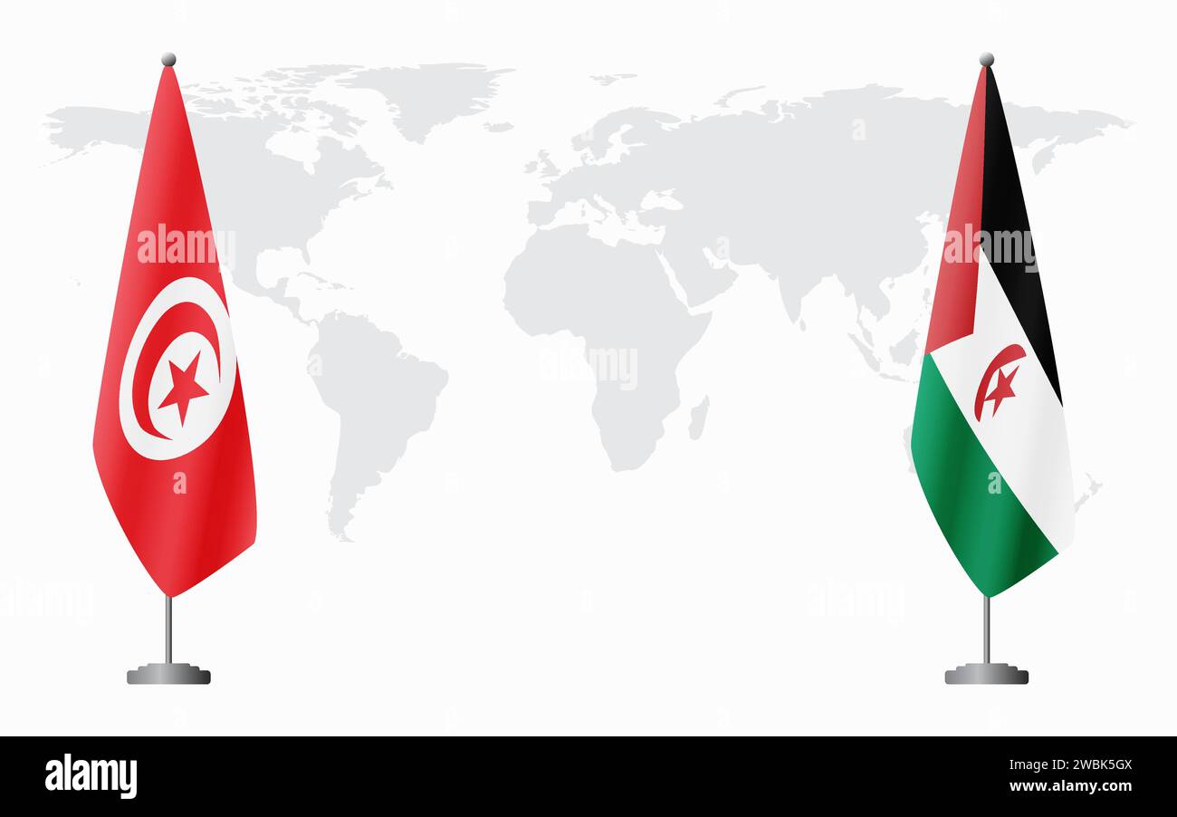 La Tunisie et la République arabe sahraouie démocratique drapeaux pour la réunion officielle sur fond de carte du monde. Illustration de Vecteur