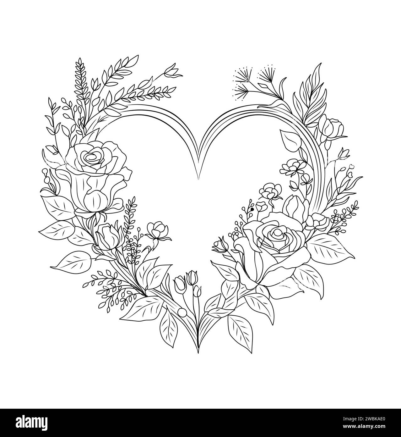 Coeur de cadre floral avec fleurs roses et feuilles. Illustration de Vecteur