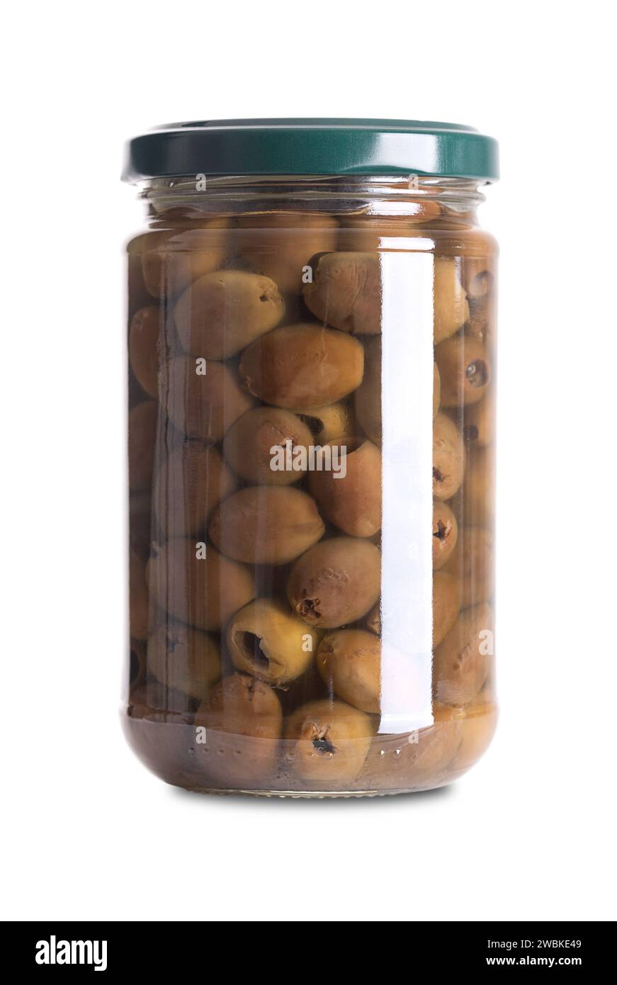 Olives noires Leccino dénoyautées, habillées d'huile d'olive, conservées dans un bocal en verre. L'un des cultivars d'olive primaires pour la production italienne d'huile d'olive. Banque D'Images