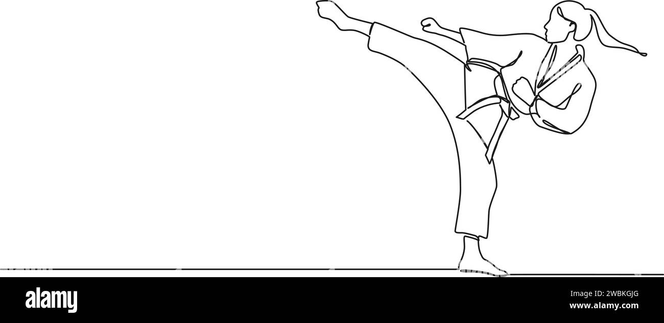dessin continu à une seule ligne de karateka féminin pratiquant le karaté, illustration vectorielle d'art de ligne Illustration de Vecteur