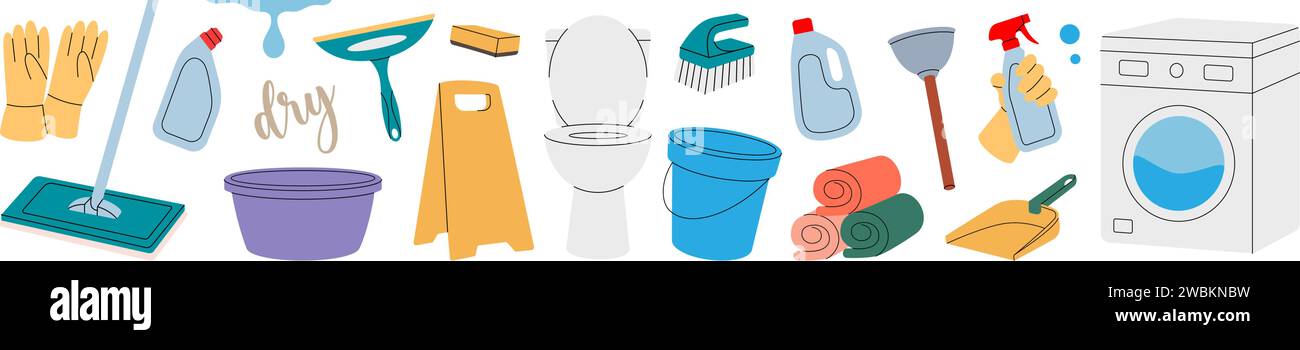 Jeu d'outils de nettoyage. Cuvette de toilette, machine à laver, balai à laver, seau, piston, pelle, éponges, débarbouillettes, brosses. Équipement de service d'entretien ménager. Illustration de Vecteur