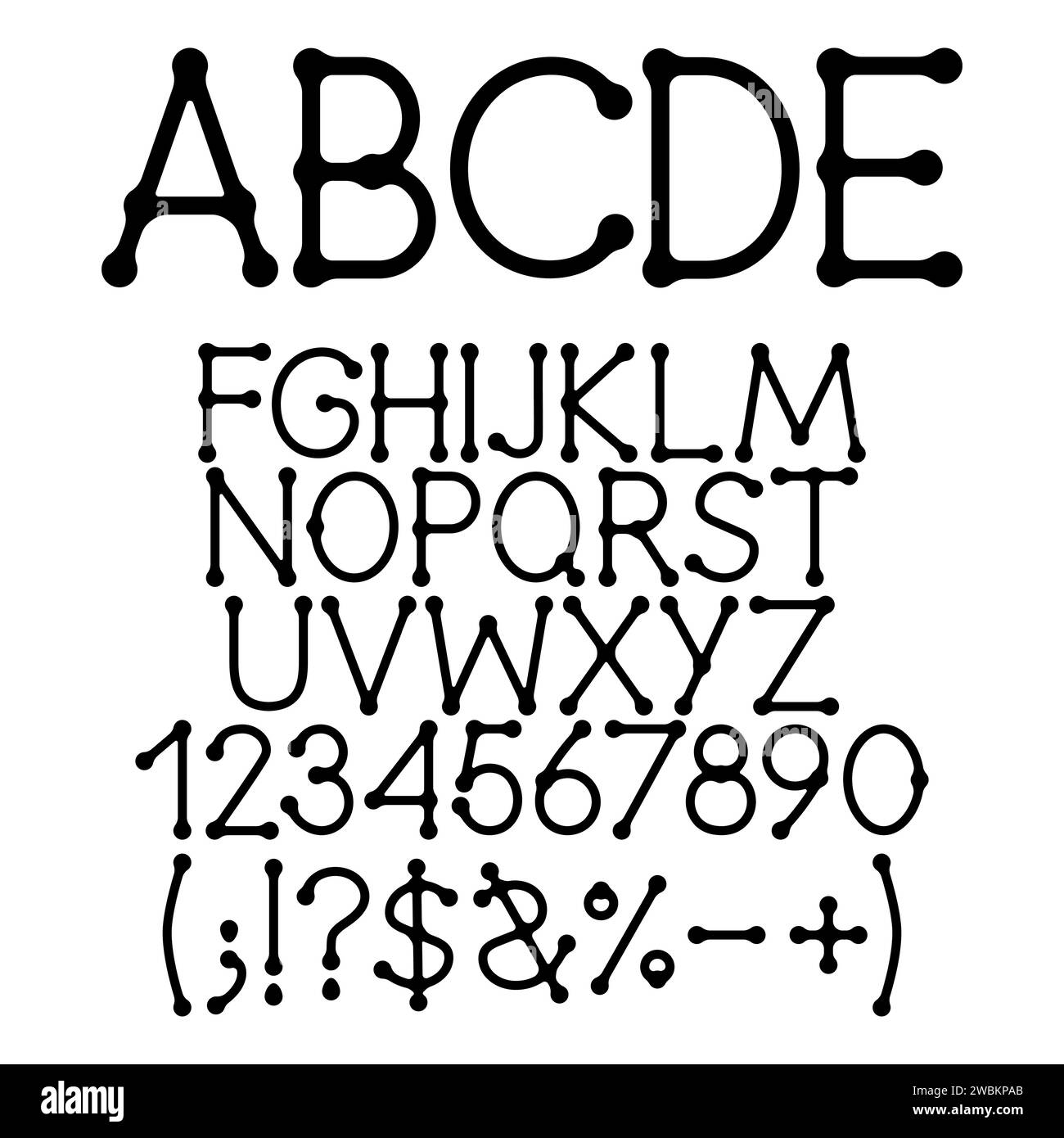 Alphabet noir, chiffres et signes avec des lignes et des points. Objets vectoriels isolés sur fond blanc. Illustration de Vecteur