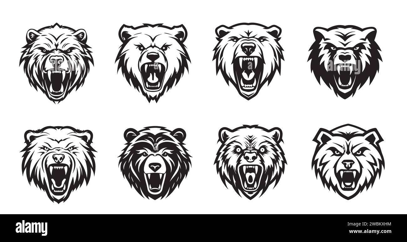 Ensemble logo de tête d'ours croquis dessiné à la main dans l'illustration de style Doodle Illustration de Vecteur