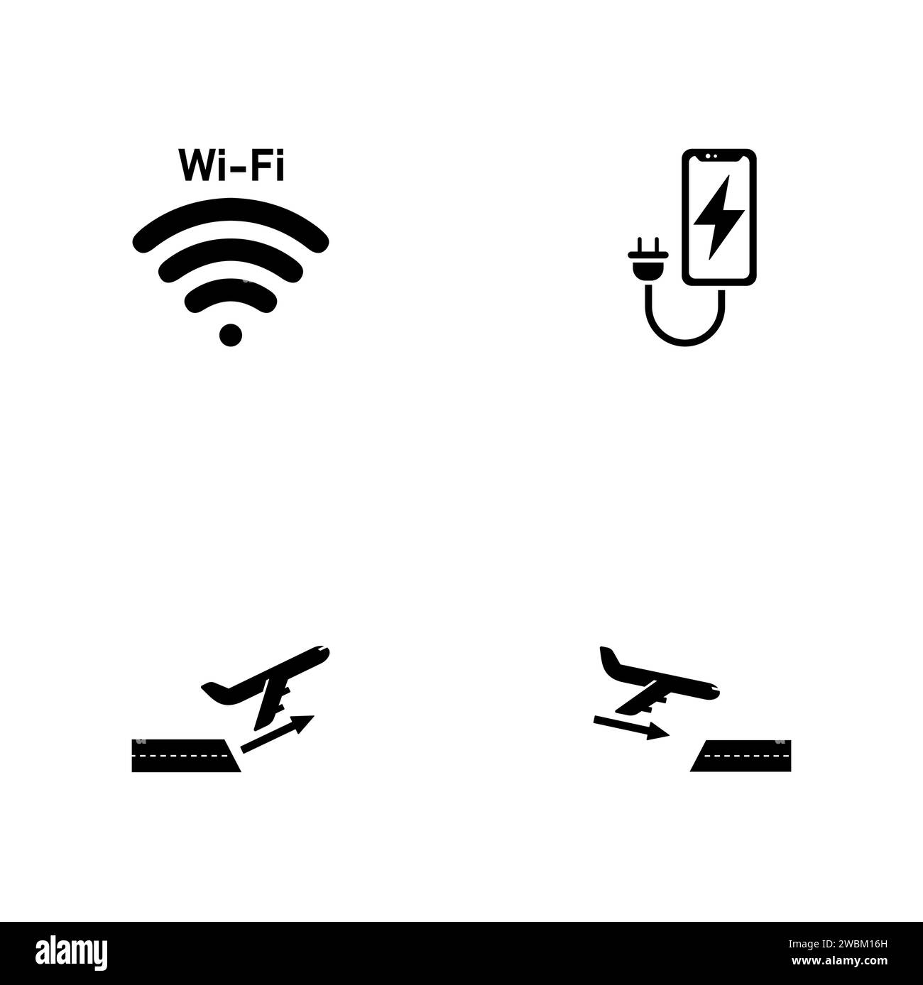 Aéroport. Un ensemble de quatre icônes solides noires isolées sur un fond blanc. Illustration de Vecteur