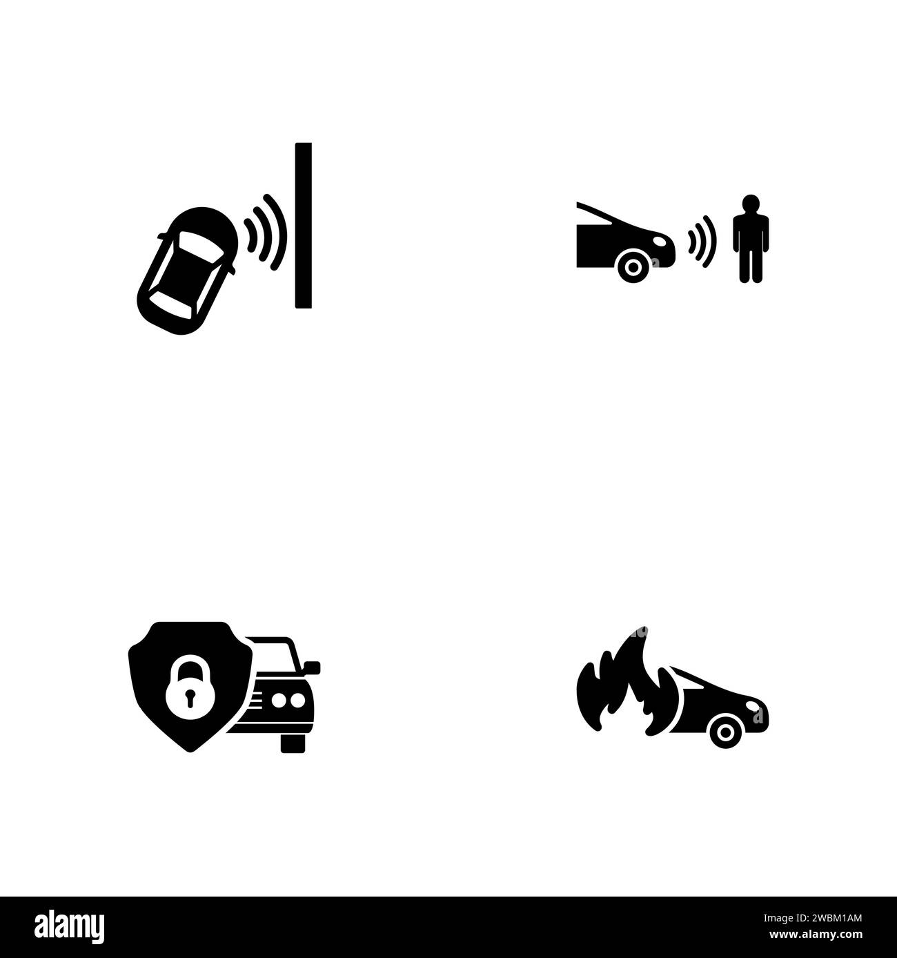 Sécurité automobile. Un ensemble de quatre icônes solides noires isolées sur un fond blanc. Illustration de Vecteur