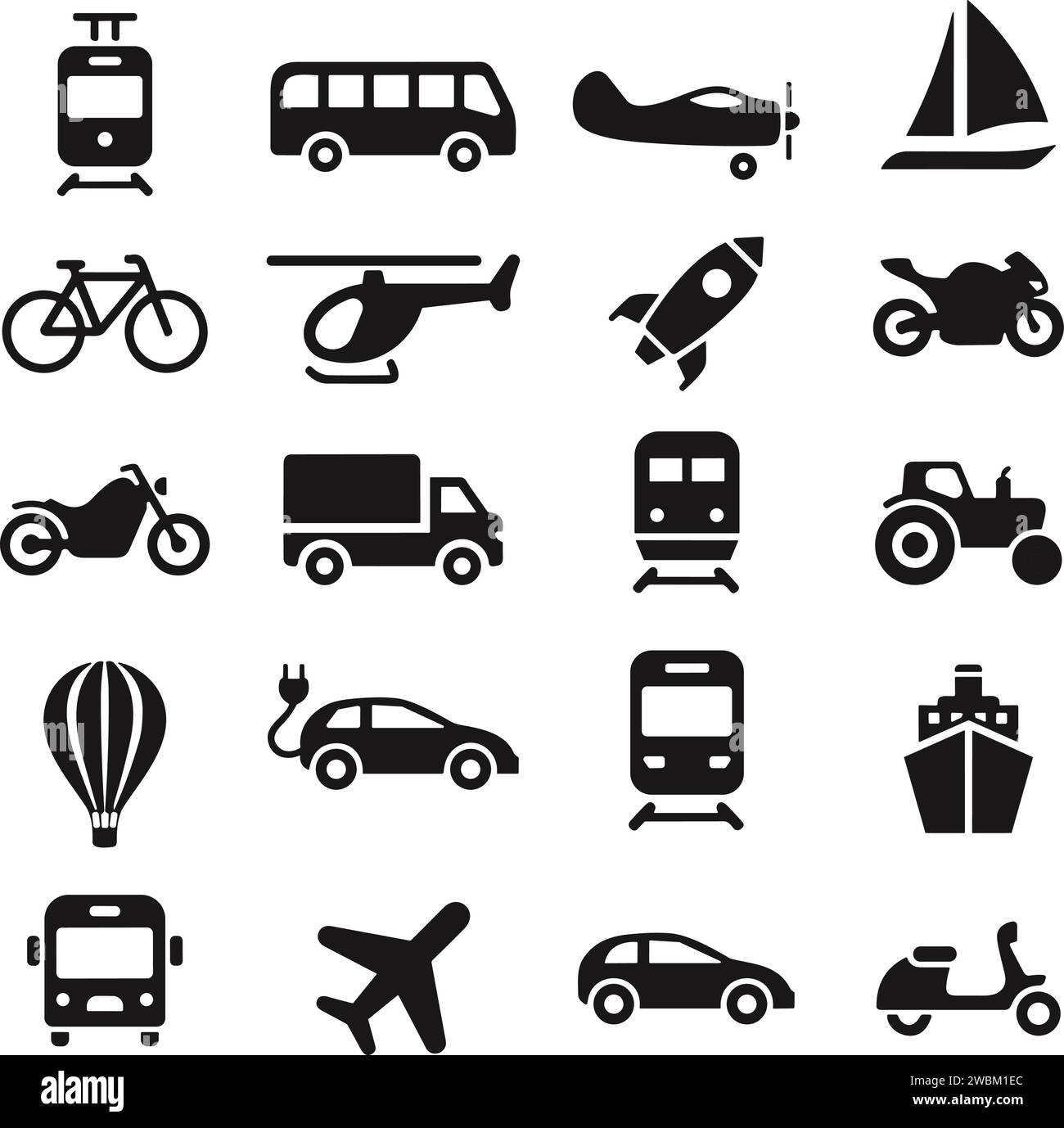 Ensemble d'icônes de transport ou de transport. Contenant voiture, vélo, avion, train, vélo, moto, bus et scooter, tracteur et véhicule électrique, navire ou F Illustration de Vecteur