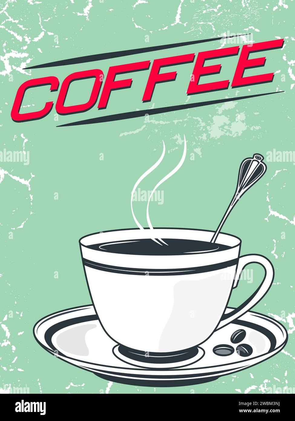 Tasse à café et soucoupe sur une conception de vecteur de texture grunge vert Illustration de Vecteur