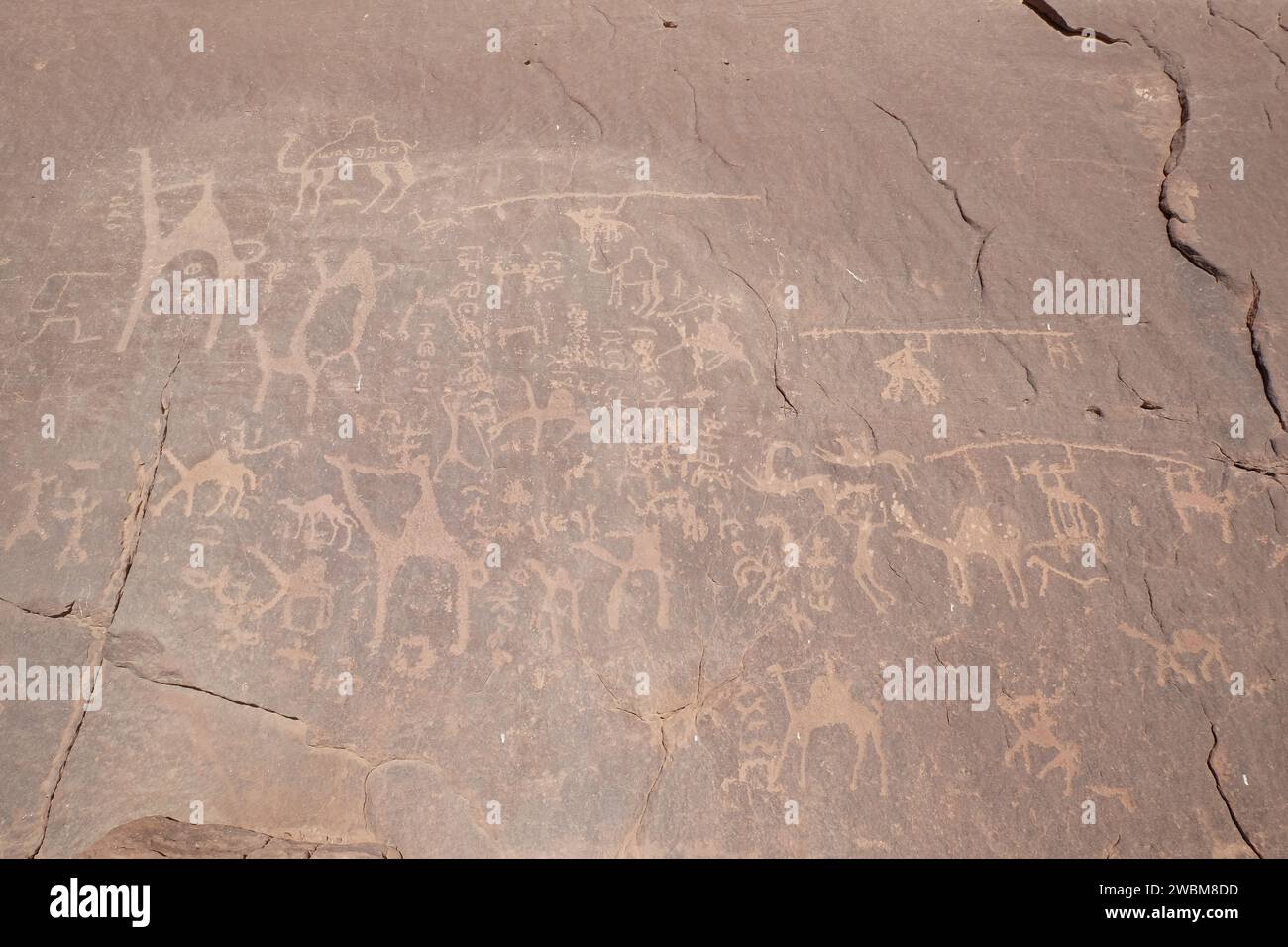 Wadi Rum, Jordanie également connu sous le nom de Vallée de la Lune. Peinture de roche dans le désert de sable rouge. Banque D'Images