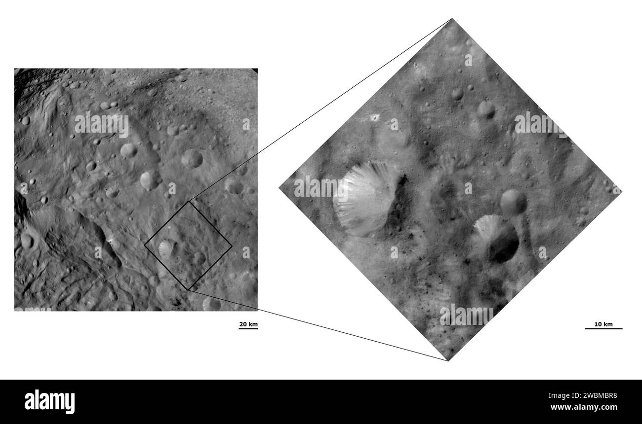 Cette image de la sonde Dawn de la NASA montre des cratères avec des bords de cratère à la fois nets et lisses dans l'hémisphère sud de l'astéroïde Vesta. La structure détaillée est plus facilement visible dans l'image avec une vue plus petite à droite. Banque D'Images