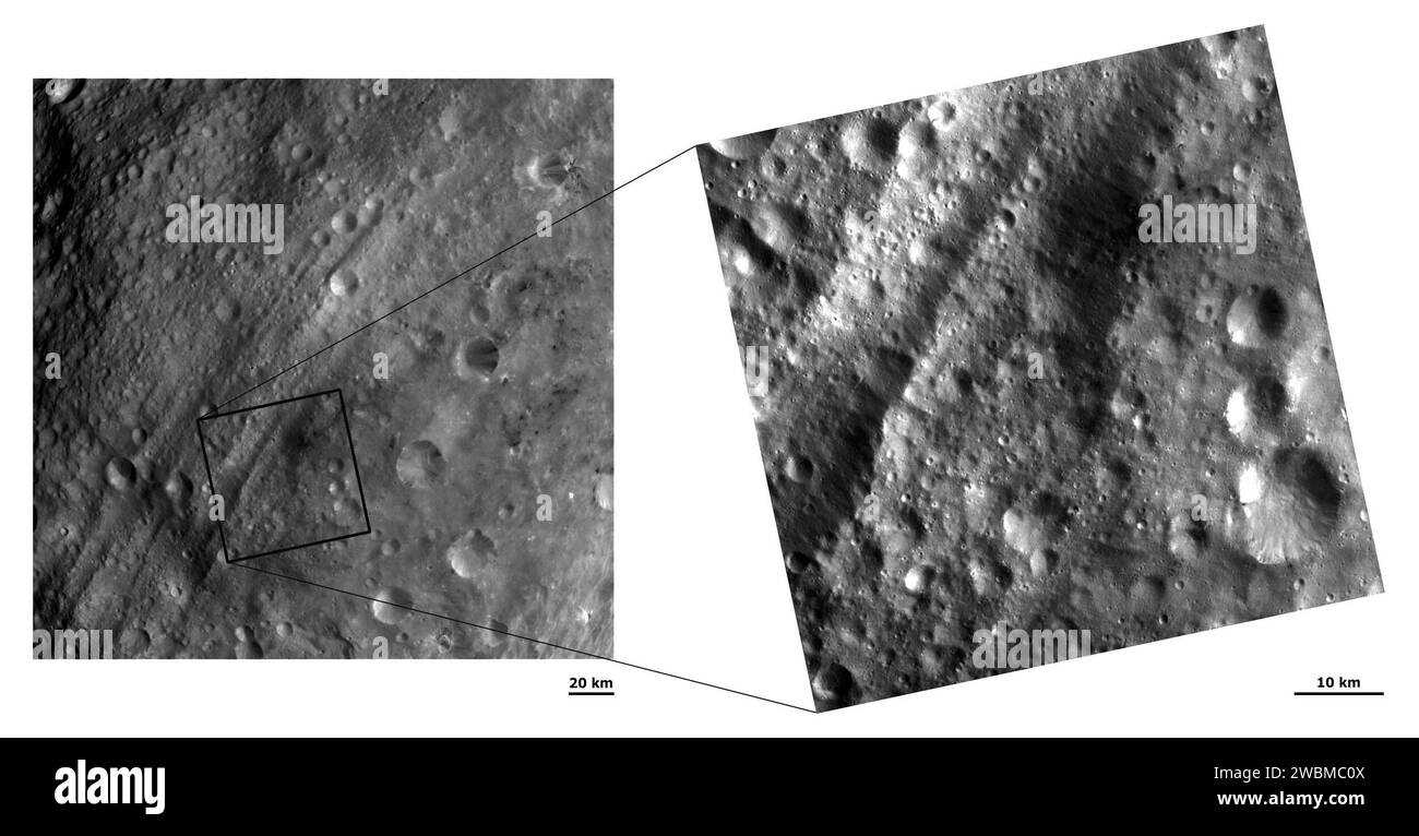 Le vaisseau spatial Dawn de la NASA a capturé des images des creux équatoriaux de Vesta, montrant deux résolutions et de petites rainures linéaires parallèles aux creux. Banque D'Images
