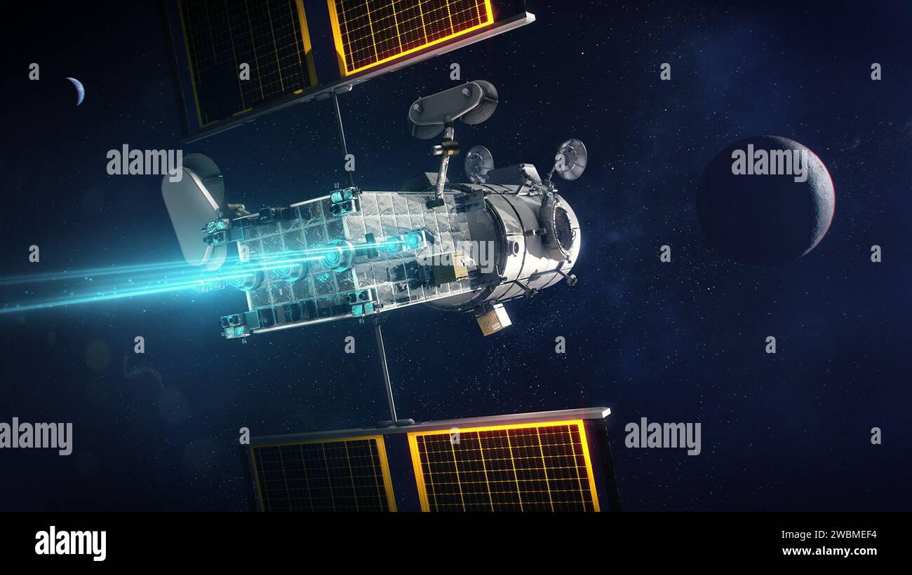 Les propulseurs de 12 kW de l’élément de puissance et de propulsion permettront à l’engin spatial Gateway d’obtenir une propulsion solaire-électrique de haute performance, ce qui en fera l’engin spatial solaire-électrique le plus puissant jamais volé à ce jour. Banque D'Images