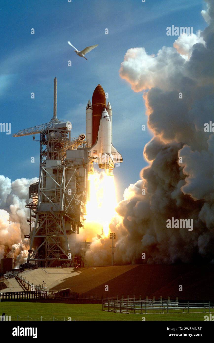 CENTRE SPATIAL KENNEDY, FLA. - La navette spatiale Atlantis se libère des confins de la Terre alors qu'elle s'envole vers l'espace pour commencer sa mission STS-43 de neuf jours. Le décollage de 11 02 h de l'EDT depuis Launch Pad 39a a eu lieu à l'ouverture de la fenêtre de lancement. L'équipage de cinq membres mènera diverses activités, dont l'objectif principal est le déploiement du quatrième satellite de suivi et de relais de données TDRS-E. Les membres de l'équipage sont le commandant de mission John E. Blaha, le pilote Michael E. Baker et les spécialistes de mission Shannon W. Lucid, James C. Adamson et G. David Low. Banque D'Images