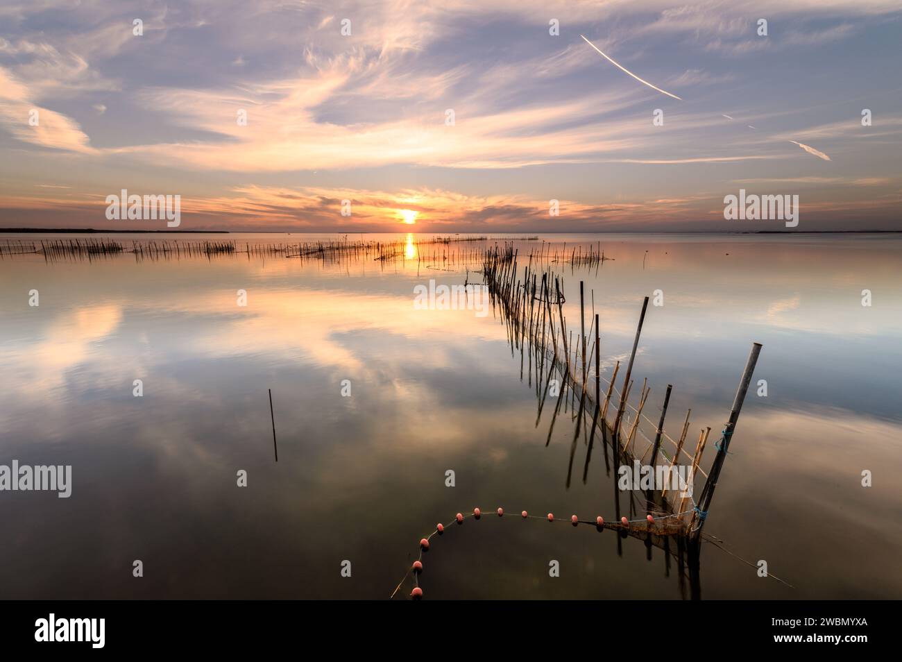 Photographie d'un paysage avec des filets de pêcheurs et des cannes dans l'eau lors d'un coucher de soleil sur le lac de l'Albufera avec un reflet parfait, à Valence, Espagne Banque D'Images