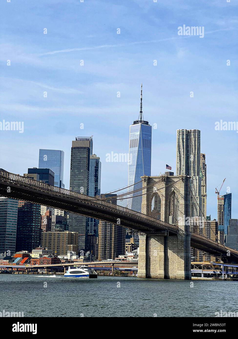 Vue sur la célèbre Skyline du centre-ville de New-York avec Brooklyn Bridge Tower et One World Trade Center en arrière-plan Banque D'Images