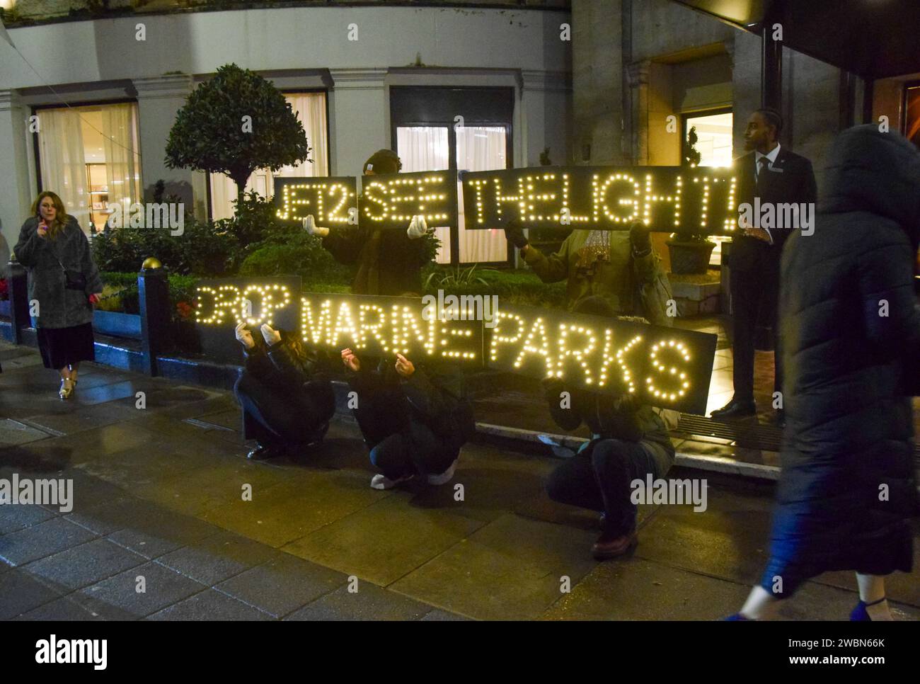 Londres, Royaume-Uni. 11 janvier 2024. Les militants de PETA organisent une manifestation devant les Globe Travel Awards à l’hôtel JW Marriott Grosvenor dans Park Lane à Londres, tenant des panneaux lumineux indiquant « Jet2, See the Light, Drop Marine Parks ». L’action fait partie de la campagne en cours de PETA exhortant Jet2, le plus grand voyagiste du Royaume-Uni, à abandonner les parcs marins qui retiennent les cétacés captifs de ses forfaits vacances. Crédit : Vuk Valcic/Alamy Live News Banque D'Images