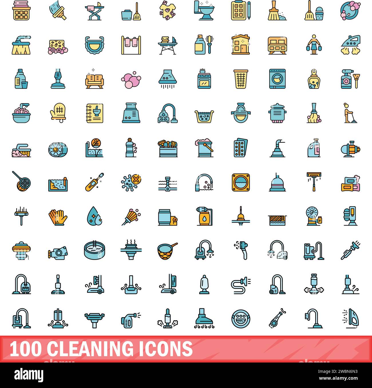 100 icônes de nettoyage définies. Ligne de couleur jeu d'icônes de vecteur de nettoyage couleur ligne fine plat sur blanc Illustration de Vecteur