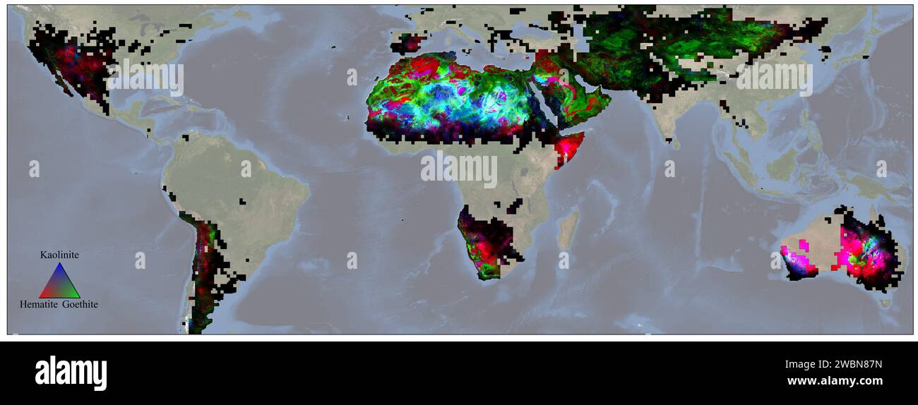 La mission EMIT de la NASA au JPL a utilisé un spectromètre d'imagerie pour cartographier les distributions d'hématite, de goethite et de kaolinite dans les régions arides. Les données recueillies sur une année se terminant en novembre 2023 montrent comment ces minéraux influencent les conditions de surface et atmosphériques et contribuent à la formation de tempêtes de poussière. EMIT cartographie dix minéraux au total. Banque D'Images