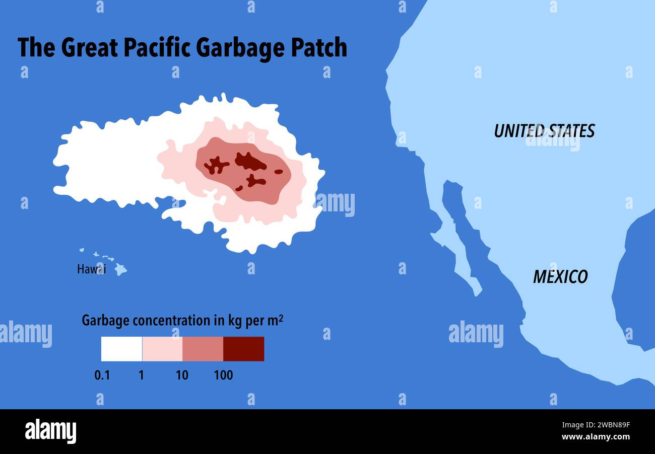 Carte de la grande parcelle de déchets dans l'océan Pacifique Banque D'Images
