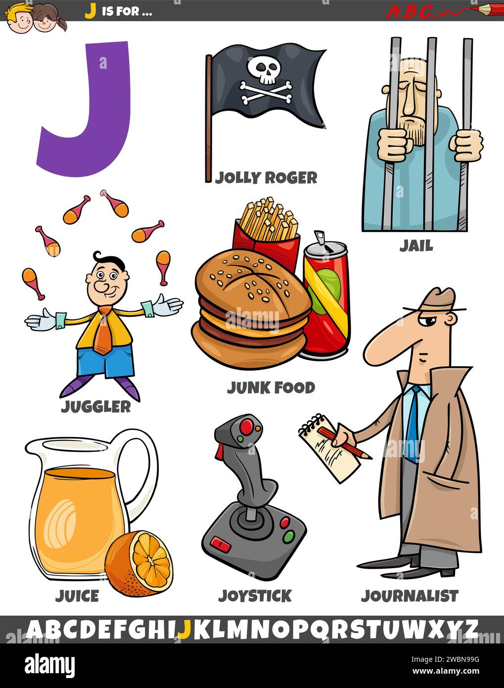 Illustration de dessin animé d'objets et de caractères définis pour la lettre J. Illustration de Vecteur