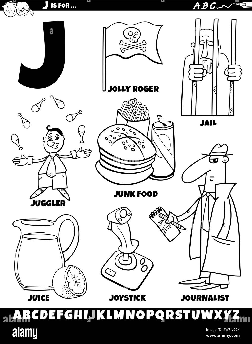 Illustration de dessin animé d'objets et de caractères mis pour la lettre J coloriage page Illustration de Vecteur
