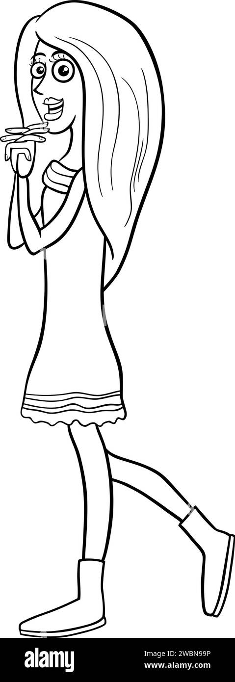 Illustration de dessin animé de jolie fille ou jeune femme personnage page à colorier Illustration de Vecteur