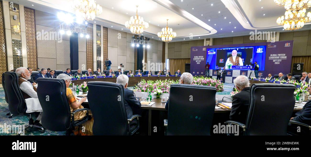 Gandhinagar, Inde. 11 janvier 2024. Gandhinagar, 10 janvier (ANI) : le Premier ministre Narendra Modi assiste mercredi au Forum mondial du leadership FinTech à Gandhinagar. (ANI photo via Hindustan Times/Sipa USA) crédit : SIPA US/Alamy Live News Banque D'Images