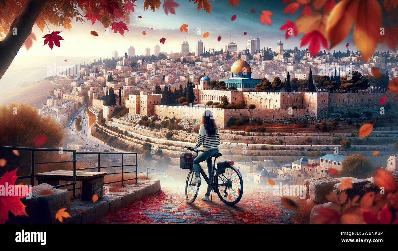 Eine Frau auf ihrem Rad schaut in Richtung Jerusalem.in Ihren Gedanken hofft sie auf einen baldigen Frieden Illustration de Vecteur