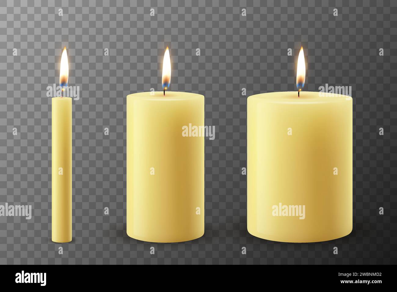 Vector 3d réaliste Paraffin ou Wax Burning Party, bougies Spa Set avec flamme d'une bougie, isolé. Modèle de conception de bougie, vue de face Illustration de Vecteur