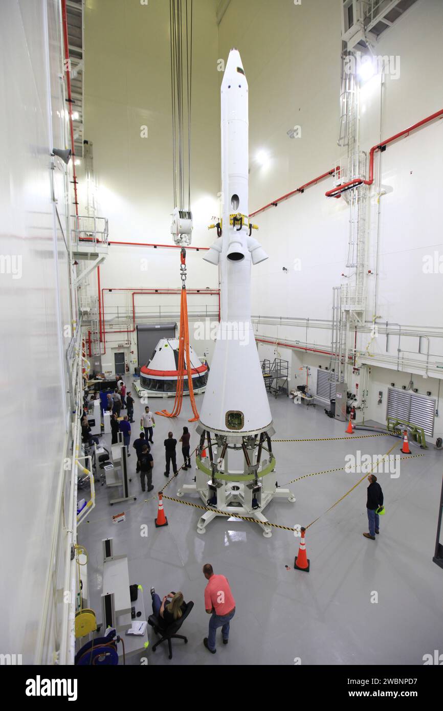 L'AA-2 Launch Abort System a été monté avec le module Orion Crew au LASF, Kennedy Space Center, le 13 mars 2019, pour le test en vol de la mission exploration-2 axé sur la sécurité. Banque D'Images