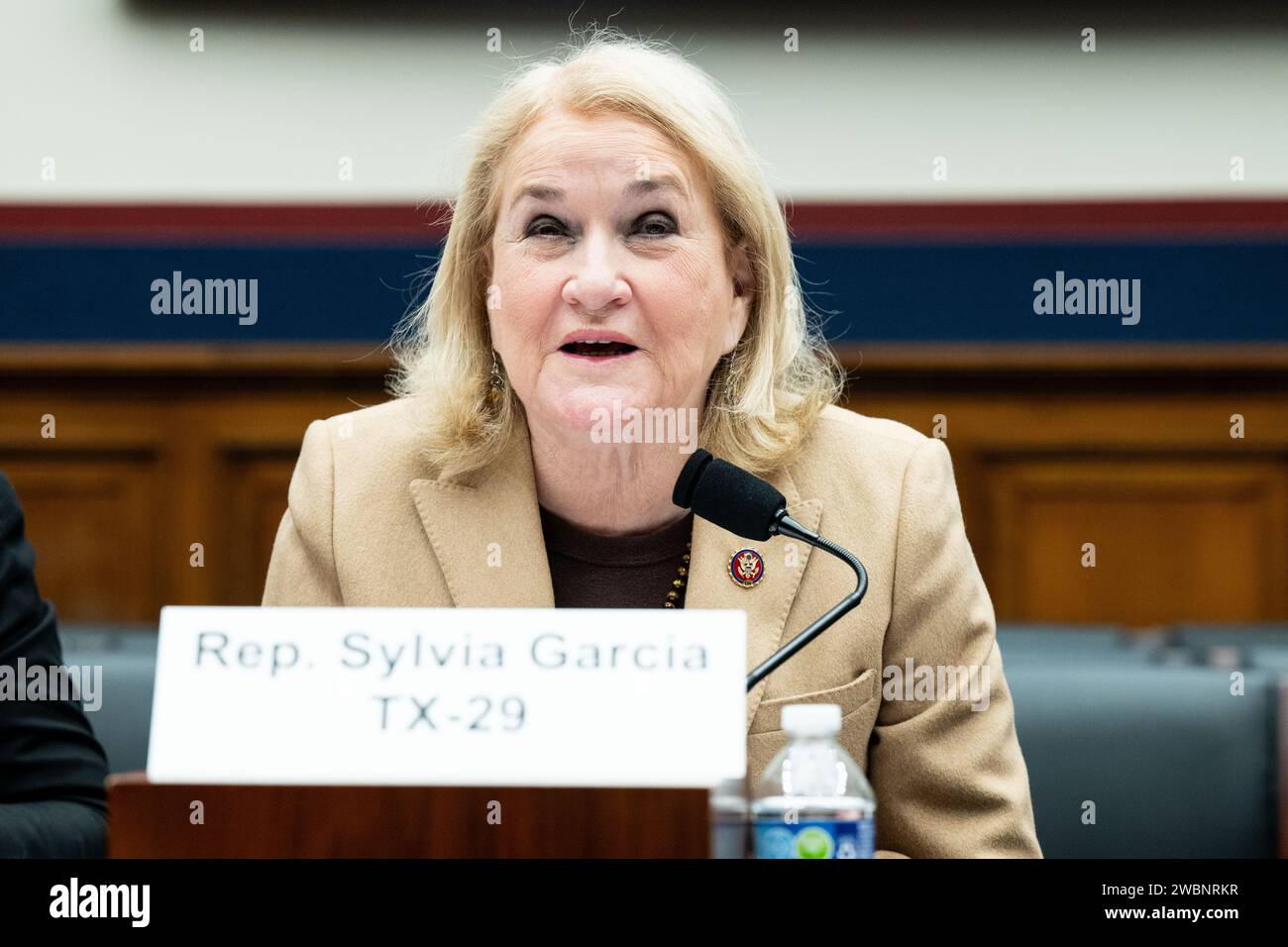 Washington, États-Unis. 11 janvier 2024. Sylvia Garcia, représentante des États-Unis (D-TX), prenant la parole lors d'une audience du sous-comité sur les ressources en eau et l'environnement du Comité des transports et de l'infrastructure de la Chambre au Capitole des États-Unis. (Photo de Michael Brochstein/Sipa USA) crédit : SIPA USA/Alamy Live News Banque D'Images