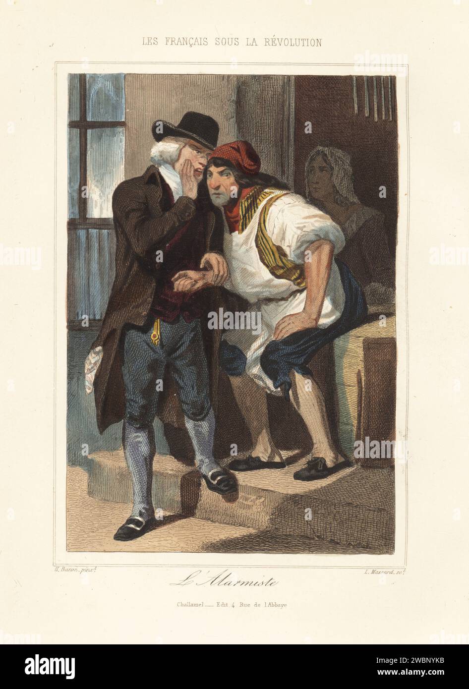 Un alarmiste réactionnaire répandant des rumeurs parmi les citoyens pendant la Révolution française. Scaremonger en chapeau et manteau et chaussures à boucle chuchotant à un commerçant en casquette et tablier phrygiens. L'alarmiste. Gravure sur acier colorée à la main de Leopold Massard d’après une illustration d’Henri Baron d’Augustin Challamel et Wilhelm Tenint, les Français sous la Révolution, Challamel, Paris, 1843. Banque D'Images