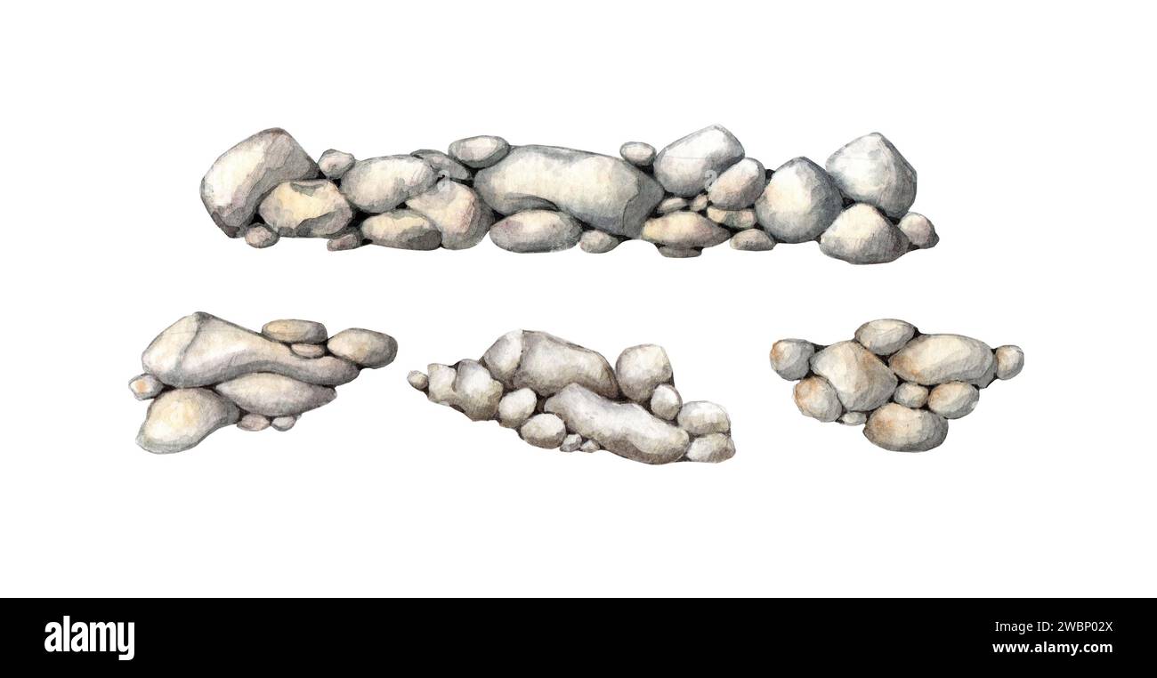 Illustration à l'aquarelle d'un ensemble de tas de pierres. Éléments naturels de roches dures, cailloux, granulés, pierre concassée isolée sur blanc. Pour la conception Banque D'Images
