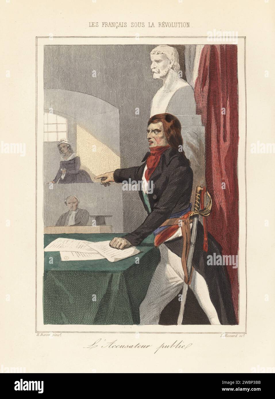 Fouquier-Tinville, avocat français et accusateur public pendant le règne de la terreur. Fournisseur de la guillotine. En cravate, manteau, ceinture tricolore et épée, pointant du doigt une femme dans le quai. L'accusateur public. Gravure sur acier colorée à la main de Leopold Massard d’après une illustration d’Henri Baron d’Augustin Challamel et Wilhelm Tenint, les Français sous la Révolution, Challamel, Paris, 1843. Banque D'Images Fouquier-Tinville, avocat français et accusateur public pendant le règne de la terreur. Fournisseur de la guillotine. En cravate, manteau, ceinture tricolore et épée, pointant du doigt une femme dans le quai. L'accusateur public. Gravure sur acier colorée à la main de Leopold Massard d’après une illustration d’Henri Baron d’Augustin Challamel et Wilhelm Tenint, les Français sous la Révolution, Challamel, Paris, 1843. Banque D'Images
