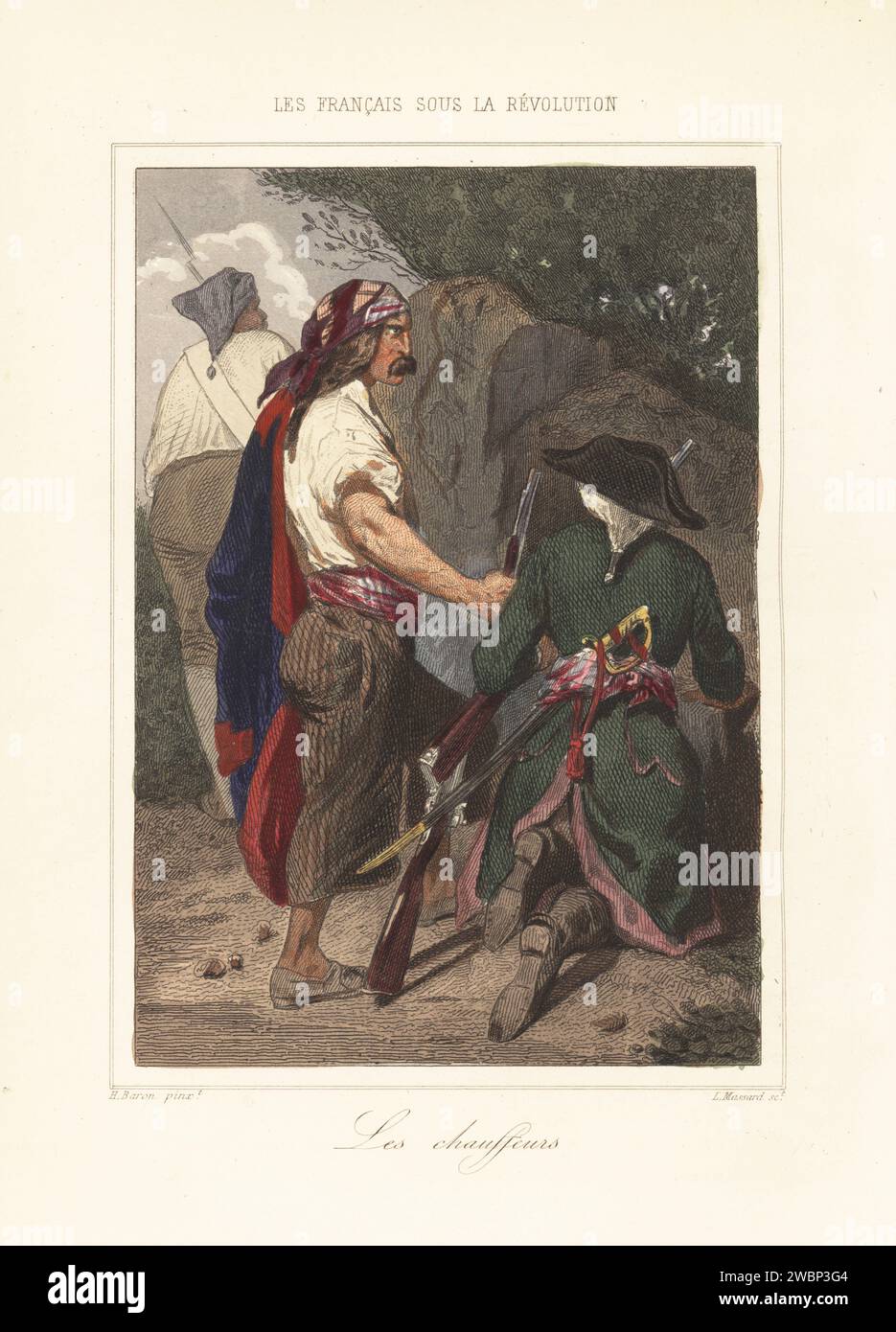 Jean Buckler, dit Jean l'ecorchestreur ou Schinderhannes, chef d'une bande de brigands pendant la Révolution française. Voleurs armés de mousquet et d'épée. Les chauffeurs ou garrotteurs. Gravure sur acier colorée à la main de Leopold Massard d’après une illustration d’Henri Baron d’Augustin Challamel et Wilhelm Tenint, les Français sous la Révolution, Challamel, Paris, 1843. Banque D'Images