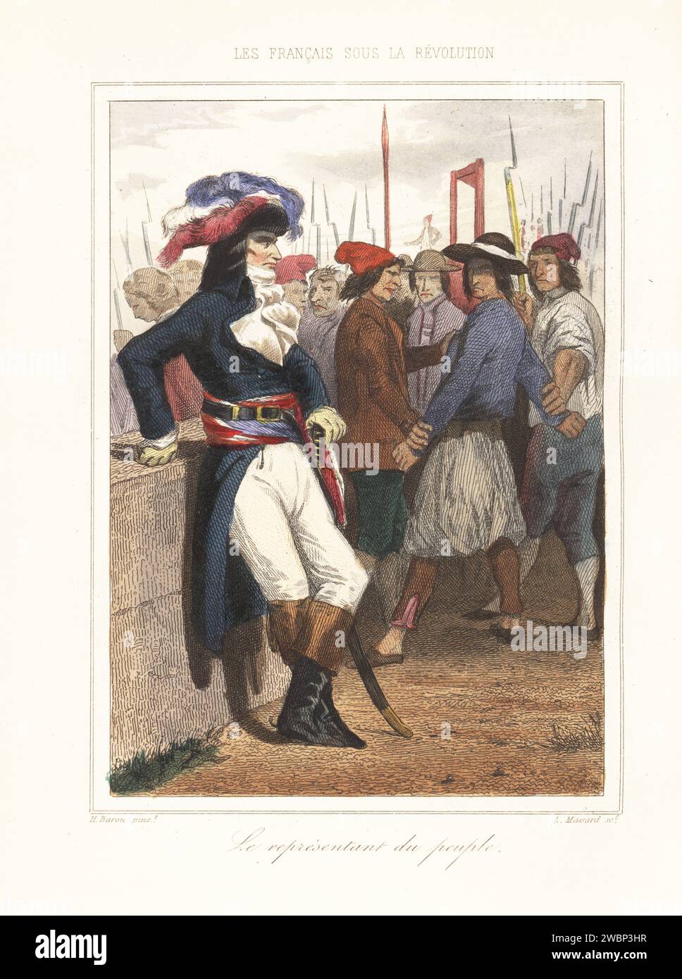 Représentant à la Convention nationale pendant le règne de la terreur, célèbre pour leur boucherie, 1793-94. Peut-être Jean-Baptiste Carrier ou Joseph le bon. En uniforme de chapeau avec des panaches tricolores, manteau d'équitation avec ceinture à ceinture tricolore, bottes, armé de sabre. Derrière lui, une foule armée en casquettes phrygiennes amène une victime à la guillotine. Le représentant du peuple, représentant en mission. Gravure sur acier colorée à la main de Leopold Massard d’après une illustration d’Henri Baron d’Augustin Challamel et Wilhelm Tenint, les Français sous la Révolution, Challamel, Paris, 18 Banque D'Images