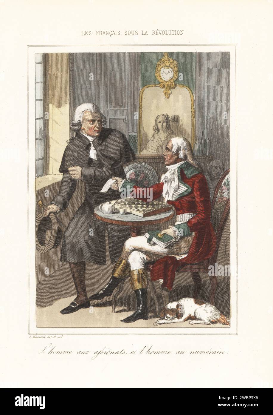 Deux messieurs jouant sur un jeu de dames (draughts) au café Procope, St. Germain-des-Prés, Paris, 1791. Le perdant essaie de payer avec un chèque (assignats), mais le gagnant demande de l'argent comptant (numéraire). L'homme aux assignats et l'homme au numéraire. Gravure sur acier colorée à la main de Leopold Massard d’après une illustration d’Henri Baron d’Augustin Challamel et Wilhelm Tenint, les Français sous la Révolution, Challamel, Paris, 1843. Banque D'Images