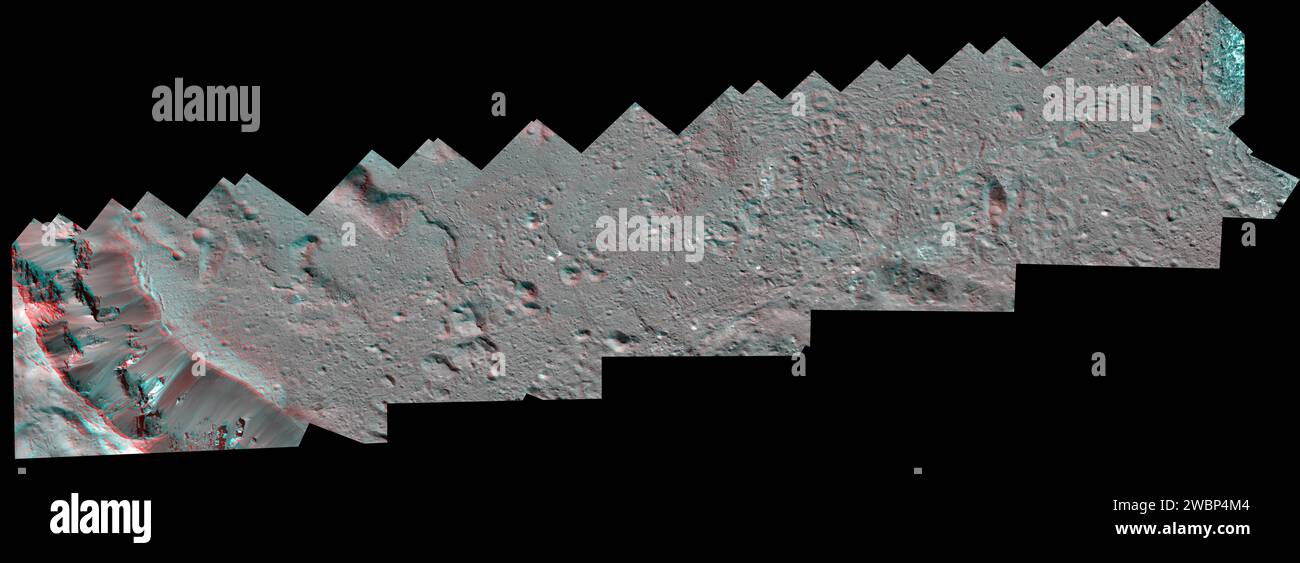 Le vaisseau spatial Dawn a capturé ces vues stéréo du cratère Occator sur la planète naine Ceres en 2018. Plus de 70 images de caméra de cadrage ont été utilisées pour construire cette vue anaglyphe (qui nécessite des lunettes stéréo rouge-bleu pour la visualisation) du plancher sud-est du cratère, y compris le bord à l’extrême gauche dans cette vue. Cette zone est en grande partie couverte de fonte par impact et comprend une variété de fosses et de monticules bas, dont certains sont liés aux débris d'impact, mais d'autres aux infiltrations et dépôts de saumure souterrains. La résolution spatiale des images stéréo est d'environ 11 pieds (3,5 mètres) par pixel. Occator Banque D'Images