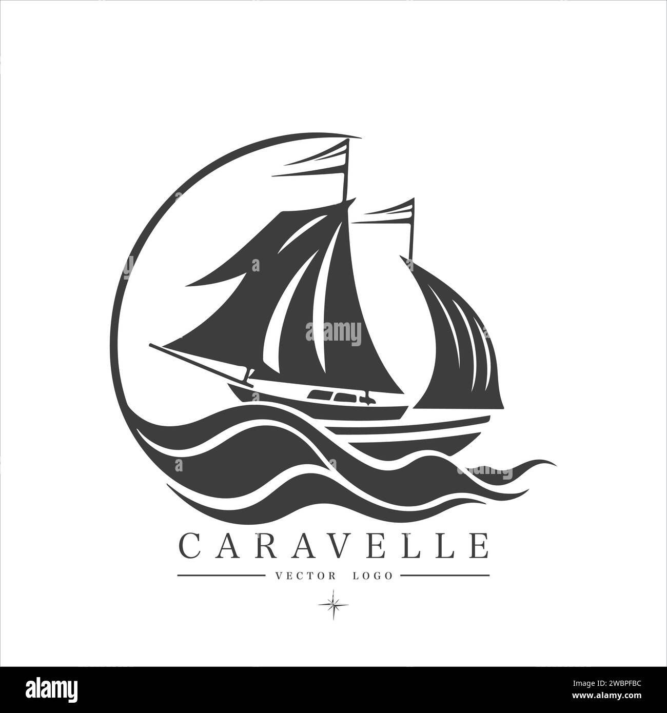 Bateau à voile moderne minimaliste sur l'eau, logo vectoriel. Emblème Caravelle. Illustration de Vecteur