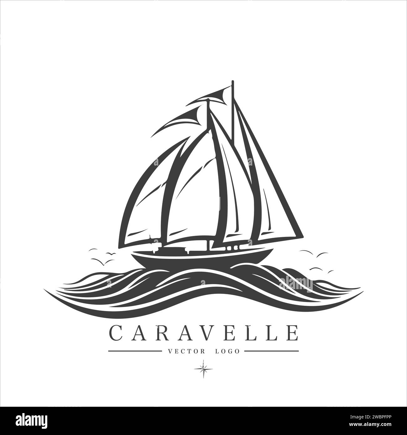 Bateau à voile moderne minimaliste sur l'eau, logo vectoriel. Emblème Caravelle. Illustration de Vecteur