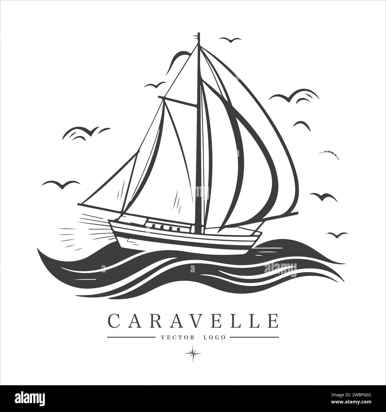 Logo Caravelle sur l'eau emblème vintage. Ancienne illustration vectorielle rétro icône marine Illustration de Vecteur