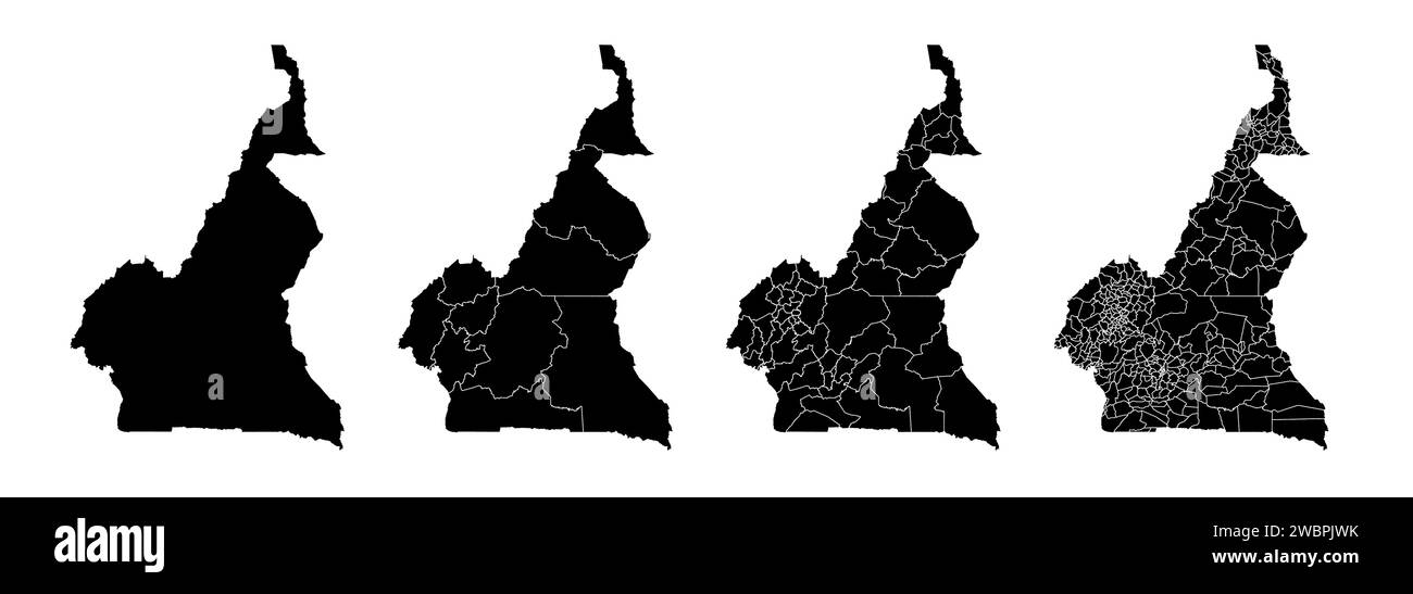 Ensemble de cartes d'état du Cameroun avec la division des régions et des municipalités. Frontières du département, cartes vectorielles isolées sur fond blanc. Illustration de Vecteur