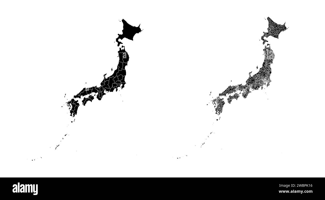 Ensemble de cartes d'état du Japon avec les régions et la division des municipalités. Frontières du département, cartes vectorielles isolées sur fond blanc. Illustration de Vecteur