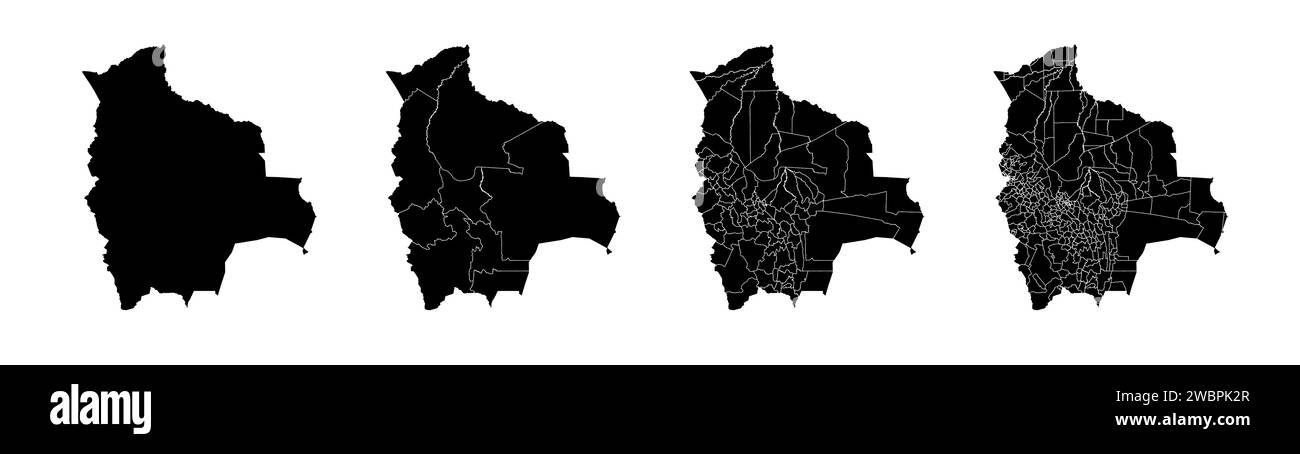 Ensemble de cartes d'état de la Bolivie avec les régions et la division des municipalités. Frontières du département, cartes vectorielles isolées sur fond blanc. Illustration de Vecteur