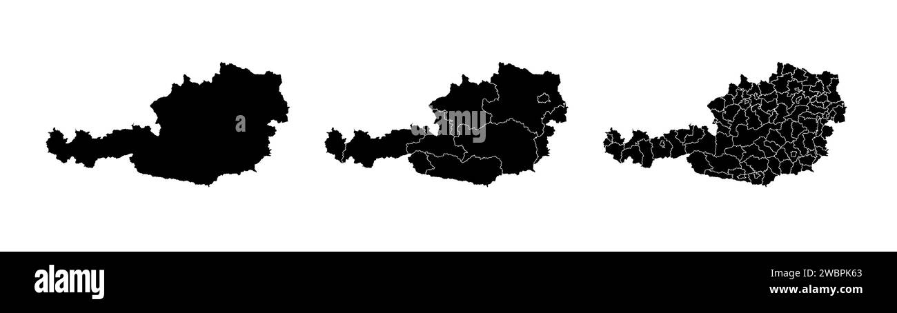 Ensemble de cartes d'état de l'Autriche avec les régions et la division des municipalités. Frontières du département, cartes vectorielles isolées sur fond blanc. Illustration de Vecteur