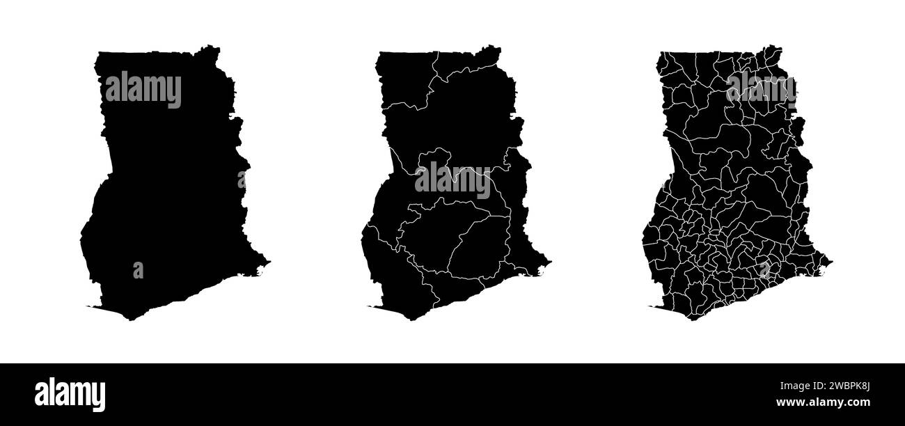 Ensemble de cartes d'état du Ghana avec les régions et les municipalités division. Frontières du département, cartes vectorielles isolées sur fond blanc. Illustration de Vecteur