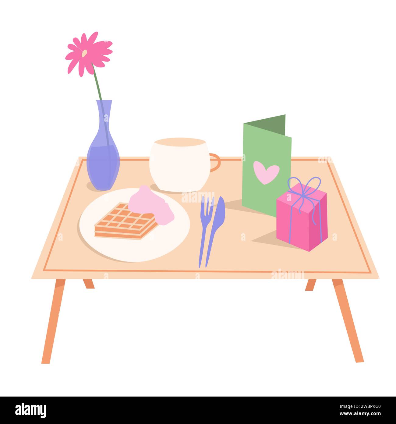 Petit déjeuner romantique de la Saint-Valentin au lit. Gaufres, un bol de café et un cadeau sur une table portable. Illustration vectorielle Illustration de Vecteur