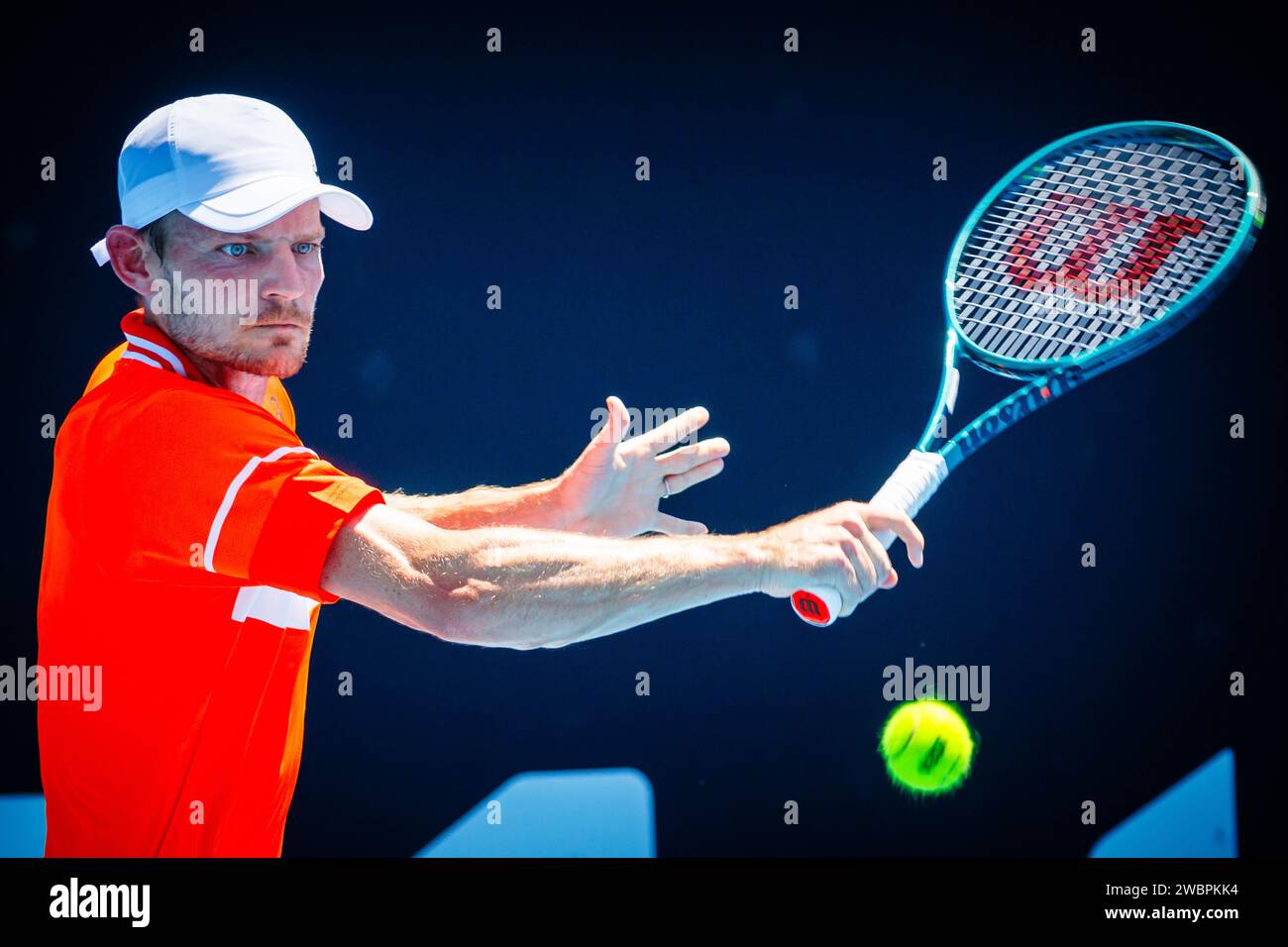 Melbourne, Australie. 12 janvier 2024. Le Belge David Goffin photographié en action lors d'un match de qualification masculine en troisième et dernière ronde entre le Belge Goffin et le canadien Diallo, au tournoi de tennis du Grand Chelem « Open d'Australie », vendredi 12 janvier 2024 à Melbourne Park, Melbourne, Australie. L’édition 2024 du Grand Chelem australien se déroule du 14 au 28 janvier. BELGA PHOTO PATRICK HAMILTON crédit : Belga News Agency/Alamy Live News Banque D'Images